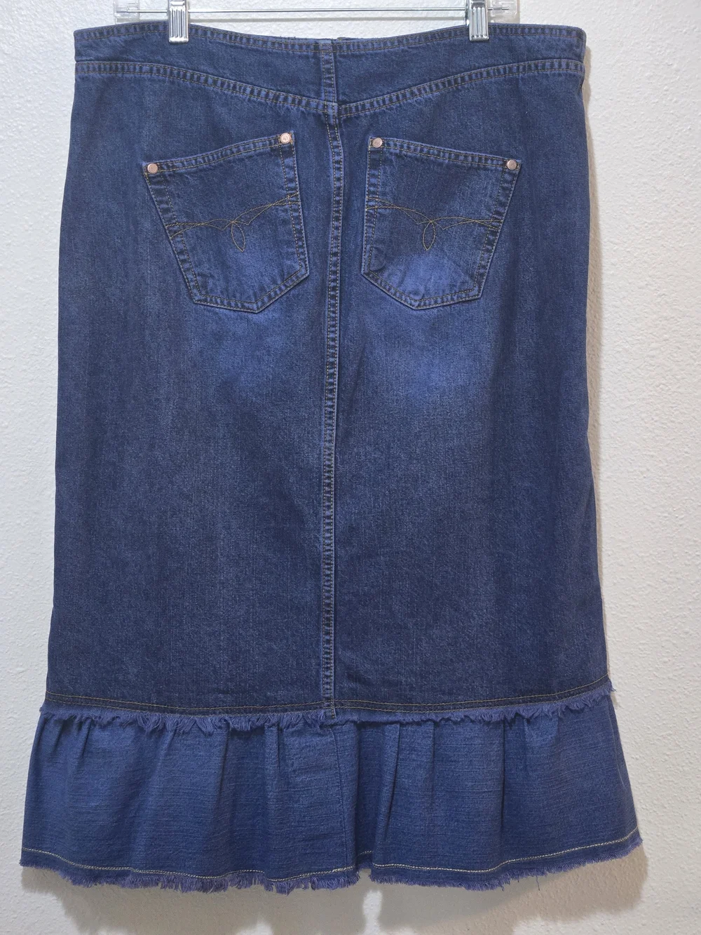 Y2K Denim Ruffle Hem Midi Skirt Whiskered Dark Wash 13